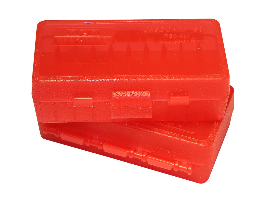 MTM P50-38 Flip-Top Munitie Bewaardoos CLEAR RED inhoud 50